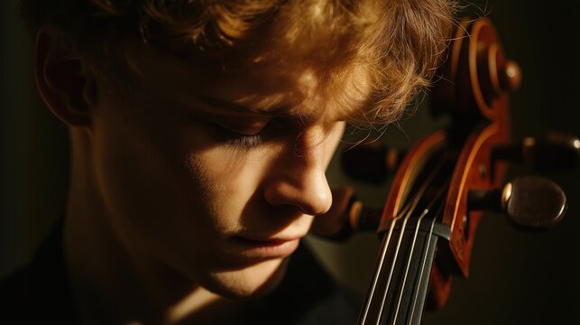 A young man deeply focused while playing a cello, illuminated by warm light that highlights his intense expression and the instrument"s wooden details.
