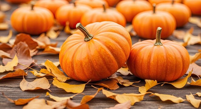A collection of small, orange pumpkins rests on a dark wooden surface, surrounded by scattered golden autumn leaves. The pumpkins vary in size and shape, with some appearing more rounded than others.