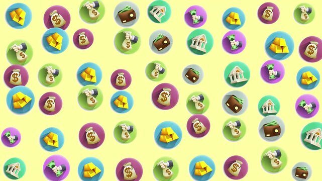 Displays a pattern of cartoon money and finance themed icons. Suitable for financial websites, presentations, and educational materials on money management.
