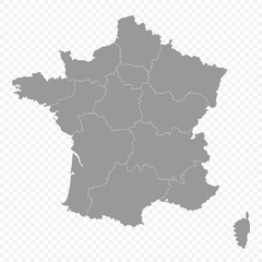 Obraz premium High quality detailed map of France with administrative boundaries of regions isolated on transparent background