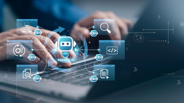 Agentic AI automation concept. Businessman use autonomous artificial intelligence agents automation search, coding, workflow process, data analytics, and document management on laptop interface.