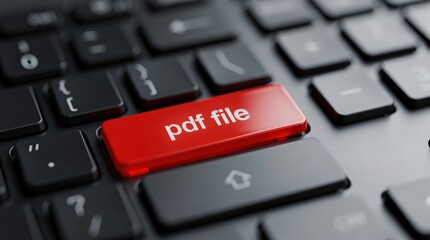 A close-up of a keyboard with a prominent red key labeled "pdf file" replacing the usual key, symbolizing digital document access and file management.