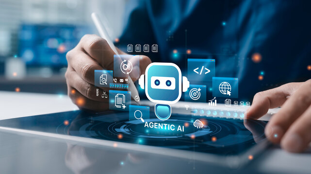 Agentic AI automation concept. Businessman use autonomous artificial intelligence agents automation search, coding, workflow process, data analytics, and document management on laptop interface.