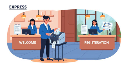 Naklejka premium Hotel Reception Desk Staff and Guest.