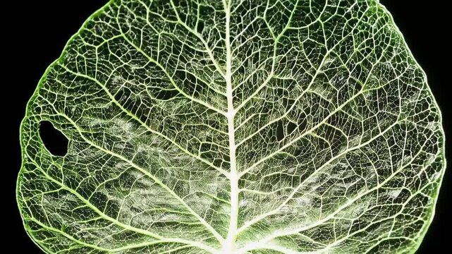 Close look at a green leaf showing its veins and structure against a dark background during daylight hours