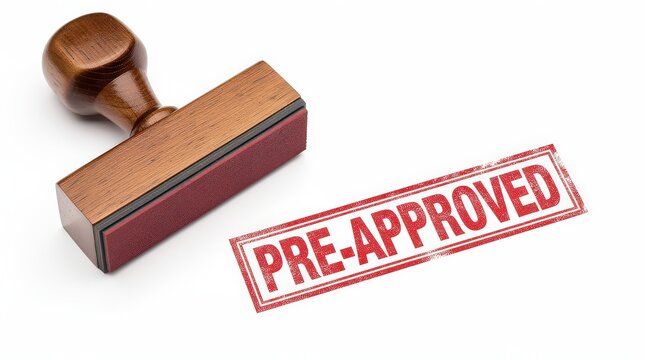 A wooden stamp with red ink prints the words "PRE-APPROVED" on a white surface.