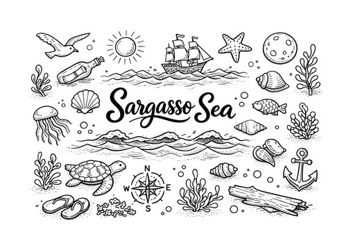 Calm Sargasso Sea waves, hand drawn doodle elements set, center hand-lettered title, black & white vector line art, bold clean