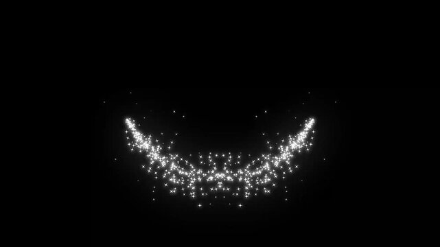 Cinematic Starlight Path Motion: Elegant white shimmering glitter line with twinkling star particles and soft bokeh lights. Smooth fairy dust wand transition on black background.