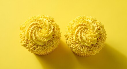 Two Yellow Cupcakes with Swirled Frosting on a Yellow Background.