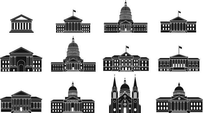 Government building icon set, courthouse capitol and state house architecture black silhouette vector illustration collection