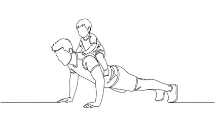 Obraz premium Black Continuous Line Art Father Exercising with Son | One Line Fitness Parenting Illustration