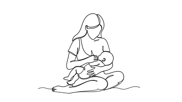 Black Continuous Line Art Mother Breastfeeding Baby | One Line Maternal Bond Illustration