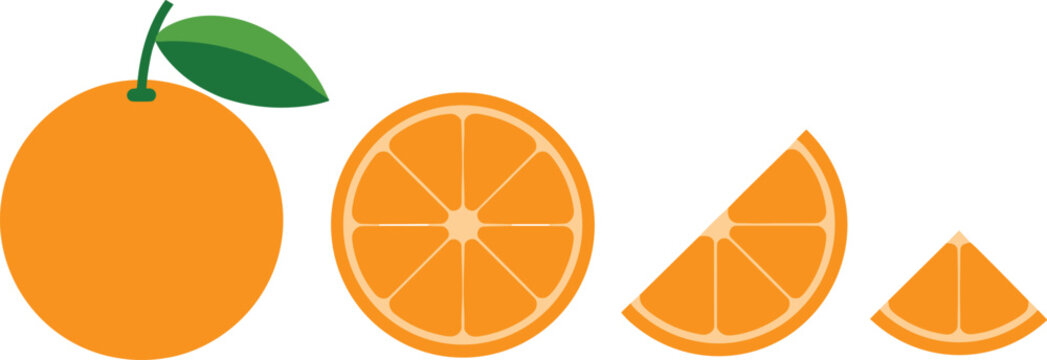 Fresh orange fruit vector set with whole citrus and sliced segments in flat design style isolated on white