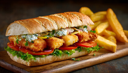 Fish Finger Sandwich on wooden board with potato fries