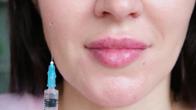 A woman gets hyaluronic acid injected into her lips.