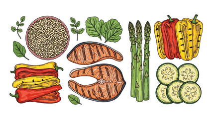 High-quality black outline colorful art of vibrant fresh food flat lay composition for blogs and advertising