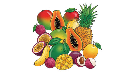 High-quality black outline colorful art of tropical fruits arranged in vibrant flat lay composition
