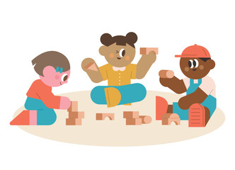 Obraz premium Group of children playing with wooden blocks flat illustration