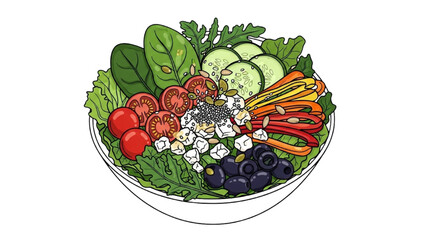 High-quality black outline colorful art of vibrant salad bowl with mixed greens, seeds and colorful toppings, clean advertising layout