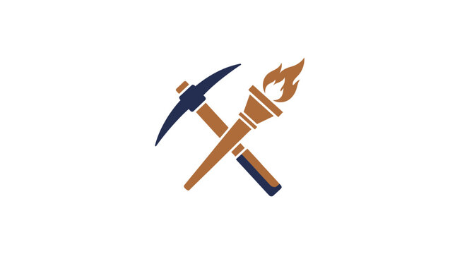 Mining tools crossed pickaxe torch.