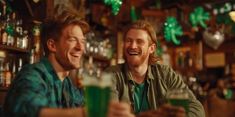 Obraz premium Two friends laughing with green beer at Irish pub. Patricks Day atmosphere with ambient lighting and cheerful vibe.