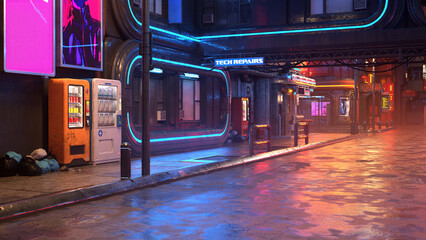 Futuristic cyberpunk city street at night. 3D rendered illustration.