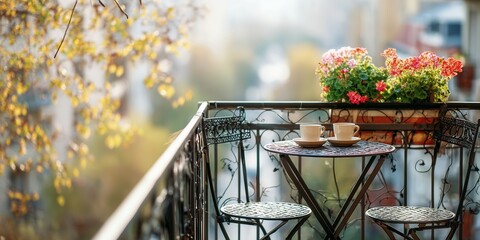 Fototapeta premium A narrow balcony with wrought iron railing holds a tiny round table set for two with coffee cups and potted geraniums. Rooftops stretch in soft blur beyond the rail in spring sunlight.