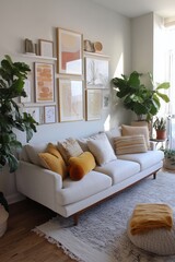 Naklejka premium Scandi-boho interior with pale wooden flooring and neutral-toned sofa accented by mustard cushions. A soft abstract gallery wall and a tall fiddle-leaf fig plant round out the tranquil, lived-in look.