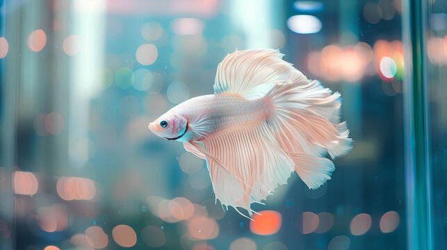 white and pink betta fish with flowing fins, swimming gracefully in an indoor aquarium with clear water and city buildings visible outside the glass window