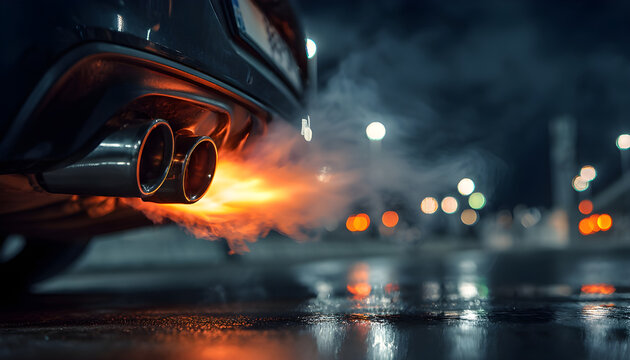 glowing exhaust flames bursting from a high-performance car, smoke swirling around metallic pipes, reflections of street lights in wet asphalt