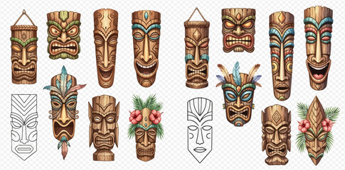 Set of various traditional Polynesian and Hawaiian tiki masks, carved wooden idols with different expressions and decorations, vector illustration. © studio