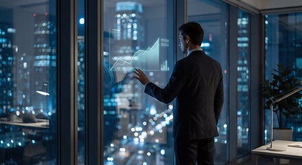 Fototapeta premium Anonymous executive observing financial growth projection reflected on glass window with city skyline at night, premium corporate strategy concept.