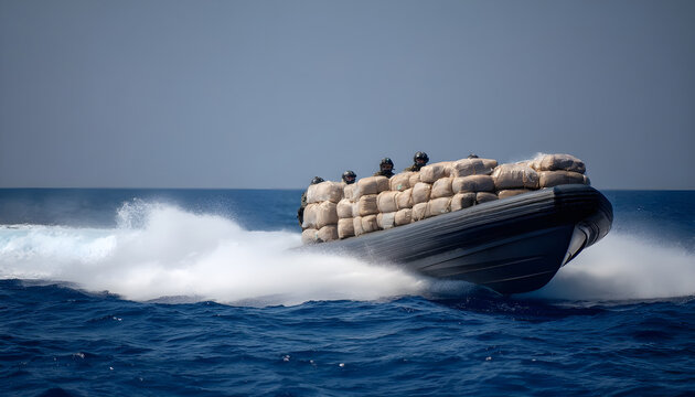 Large wrapped bundles being transported by speedboat across international seas, the idea of drug trafficking, drugs smuggling, maritime security, and law enforcement