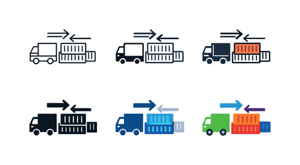 Naklejka premium Goods transportation icon depicting trucks, shipping containers, and directional arrows representing cargo delivery, logistics,