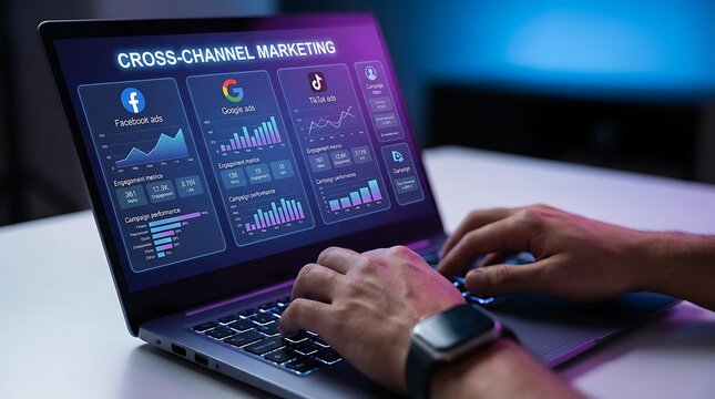 Cross Channel Marketing Strategy Dashboard on Laptop Screen.