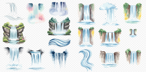 Watercolor collection of various waterfalls, cascades, and water streams on a transparent background, hand-drawn vector illustration set. © studio