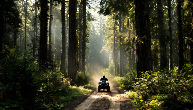 Rider on an ATV exploring a forest trail with tall trees on both sides during daylight hours