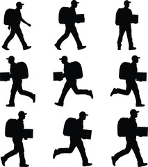 Delivery man icon set, includes 8 delivery people silhouettes. Created in black silhouette style.