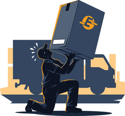 Delivery man carrying box with truck