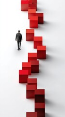 Man ascends red staircase a man is captured walking up a vibrant red staircase creating a striking visual