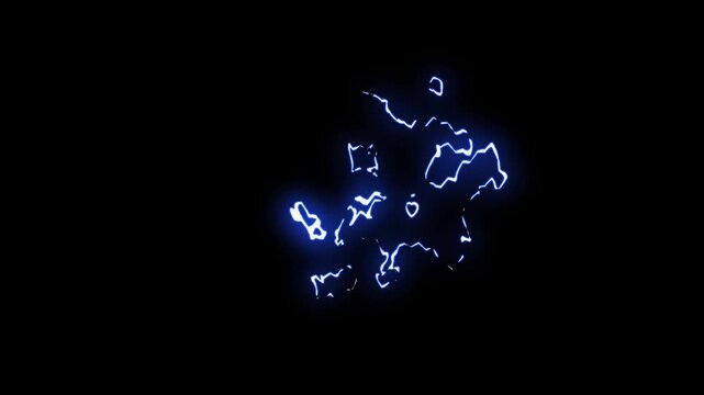Electric storm lightning strike overlay FX on black screen background with dramatic blue thunder flash and glowing energy beam lines, realistic seamless loop animation in 4k