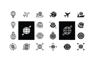 Collection of diverse travel and adventure themed icons with globe accents © AR-PNG