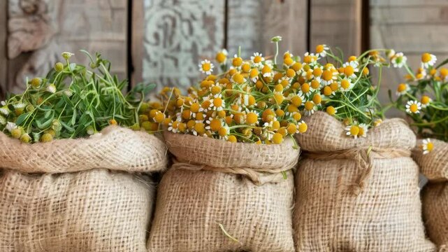 Bright daisies in burlap bags symbolise natural wealth, perfectly complementing the backdrop for environmental or agricultural exhibitions.
