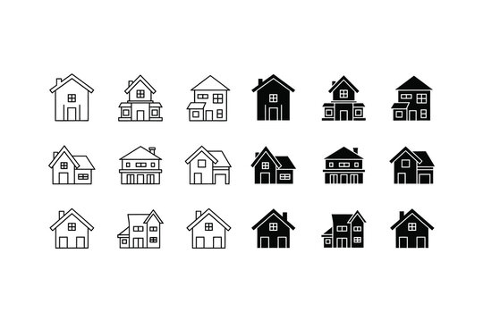 Collection of diverse architectural house styles in minimalist black and white line art