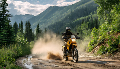 A driver speeds along muddy trails on a yellow motorcycle, raising dust against a picturesque forest landscape.
