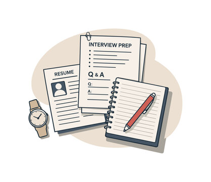 Japandi Interview Prep. Calm interview preparation concept with documents and notebook slightly angled for balance shown from