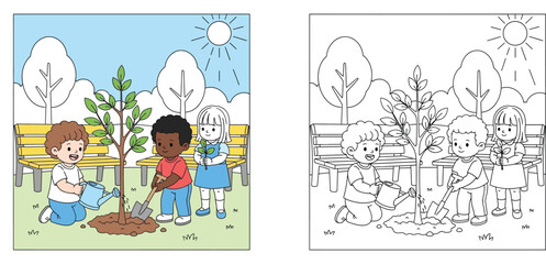Fototapeta premium Children Planting a Young Tree in the Park Coloring Page Illustration, Kids Gardening and Environment Conservation Activity Vector Art with Boys and Girls Watering and Digging