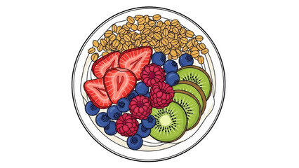High-quality black outline colorful art of healthy breakfast bowl with granola, yogurt and fresh fruits, top view flat lay style