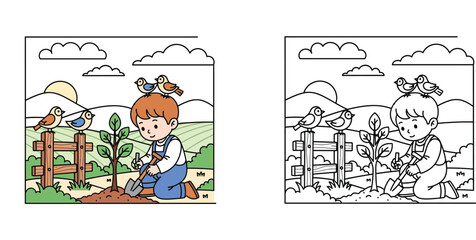 Little Boy Planting a Tree Seedling in the Garden with Birds, Coloring Page and Color Illustration Set, Earth Day Activity for Kids, Environmental Education and Gardening Concept