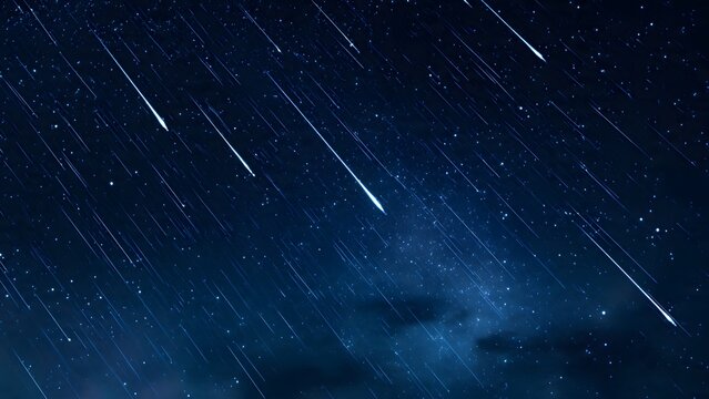 A breathtaking meteor shower illuminating the dark blue night sky with countless shooting stars, representing magical celestial beauty inspiration and professional entrepreneurial potential.
